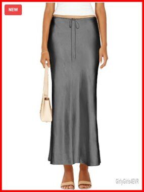 Satin Silk Maxi Skirt Drawstring A-Line Flowy Casual Long Skirt